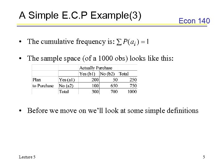 A Simple E. C. P Example(3) Econ 140 • The cumulative frequency is: •