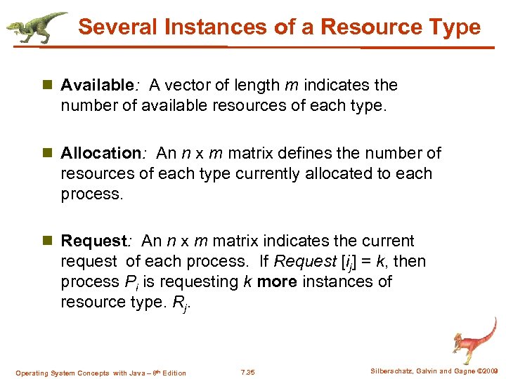 Several Instances of a Resource Type n Available: A vector of length m indicates