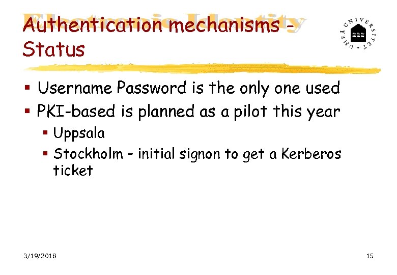 Authentication mechanisms Status Username Password is the only one used PKI-based is planned as