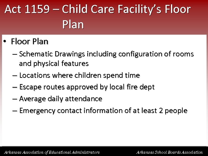 Act 1159 – Child Care Facility’s Floor Plan • Floor Plan – Schematic Drawings