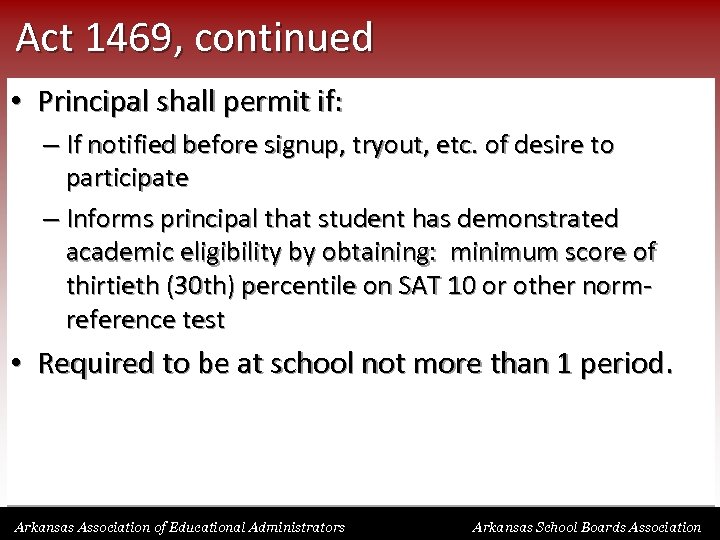 Act 1469, continued • Principal shall permit if: – If notified before signup, tryout,