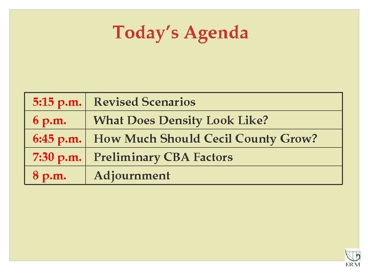 Today’s Agenda 5: 15 p. m. 6: 45 p. m. 7: 30 p. m.