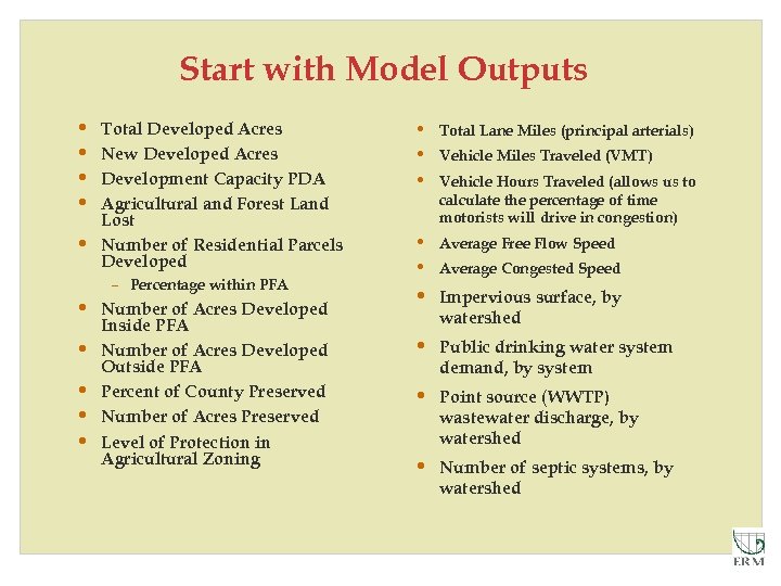 Start with Model Outputs • • • Total Developed Acres New Developed Acres Development