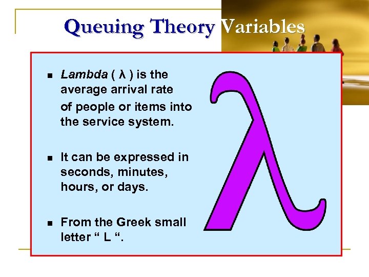 Queuing Theory Variables n Lambda ( λ ) is the average arrival rate of