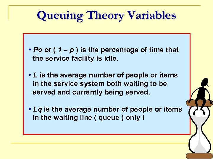 Queuing Theory Variables • Po or ( 1 – ρ ) is the percentage