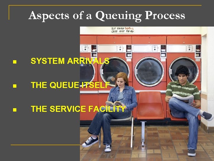 Aspects of a Queuing Process n SYSTEM ARRIVALS n THE QUEUE ITSELF n THE