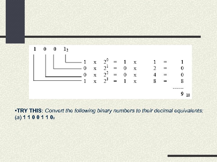  • TRY THIS: Convert the following binary numbers to their decimal equivalents: (a)