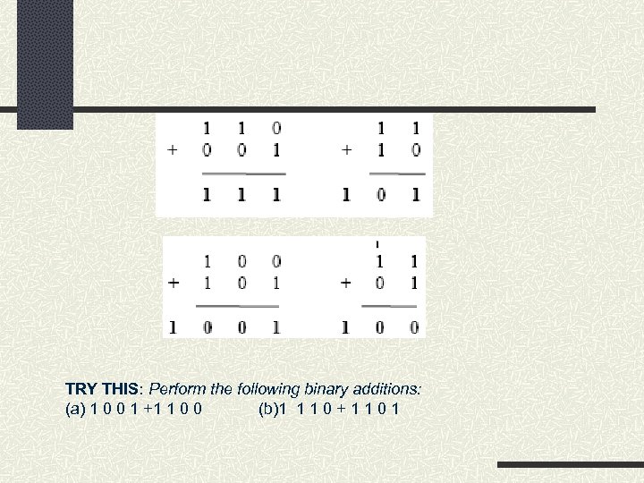 TRY THIS: Perform the following binary additions: (a) 1 0 0 1 +1 1