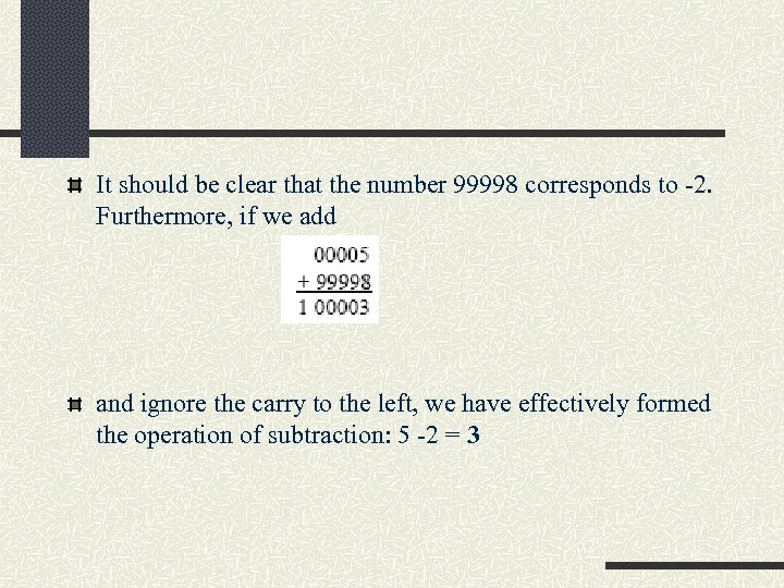 It should be clear that the number 99998 corresponds to -2. Furthermore, if we