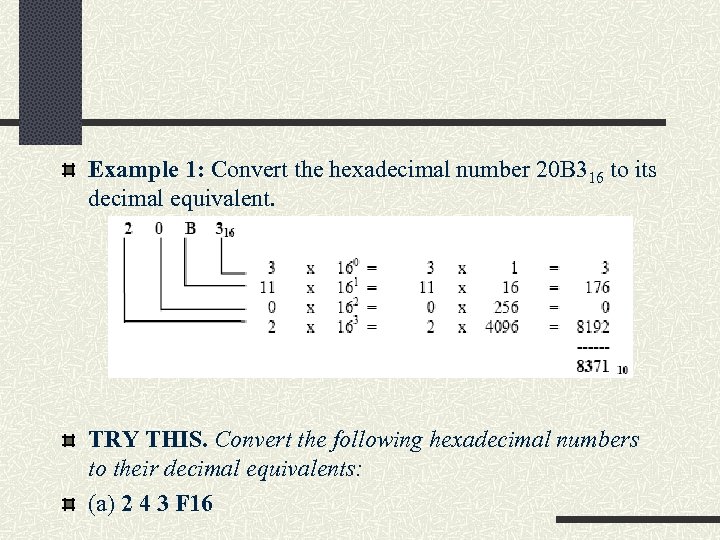 Example 1: Convert the hexadecimal number 20 B 316 to its decimal equivalent. TRY