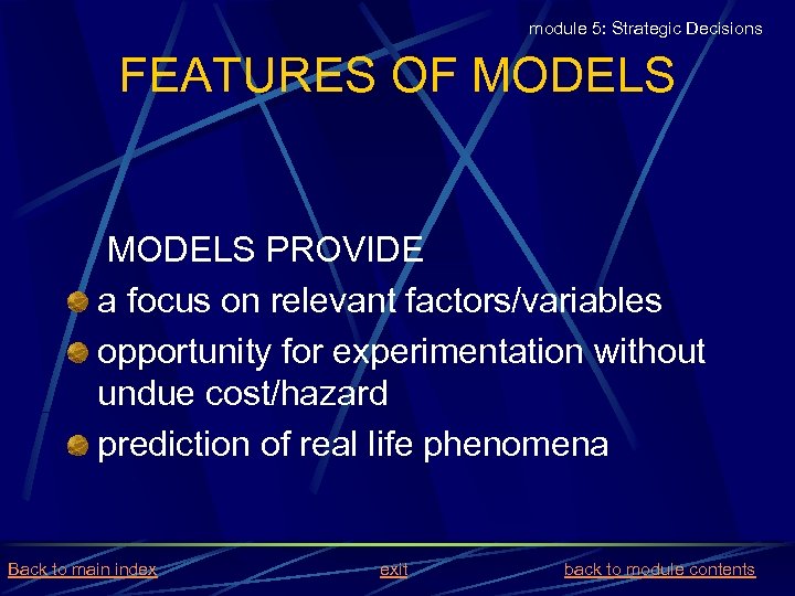 module 5: Strategic Decisions FEATURES OF MODELS PROVIDE a focus on relevant factors/variables opportunity