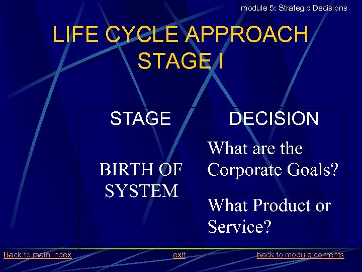 module 5: Strategic Decisions LIFE CYCLE APPROACH STAGE I Back to main index exit