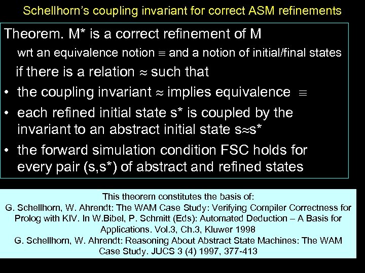 Schellhorn’s coupling invariant for correct ASM refinements Theorem. M* is a correct refinement of
