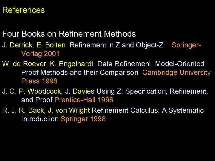 References Four Books on Refinement Methods J. Derrick, E. Boiten Refinement in Z and