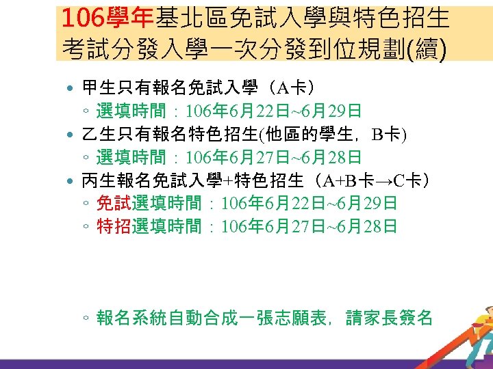 106學年基北區免試入學與特色招生 考試分發入學一次分發到位規劃(續) 甲生只有報名免試入學（A卡） ◦ 選填時間： 106年 6月22日~6月29日 乙生只有報名特色招生(他區的學生，B卡) ◦ 選填時間： 106年 6月27日~6月28日 丙生報名免試入學+特色招生（A+B卡→C卡） ◦