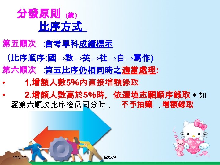 分發原則 (續 ) 比序方式 第五順次 ： 會考單科成績標示 （比序順序: 國→數→英→社→自→寫作) 第六順次 ： 第五比序仍相同時之適當處理: 適當處 •