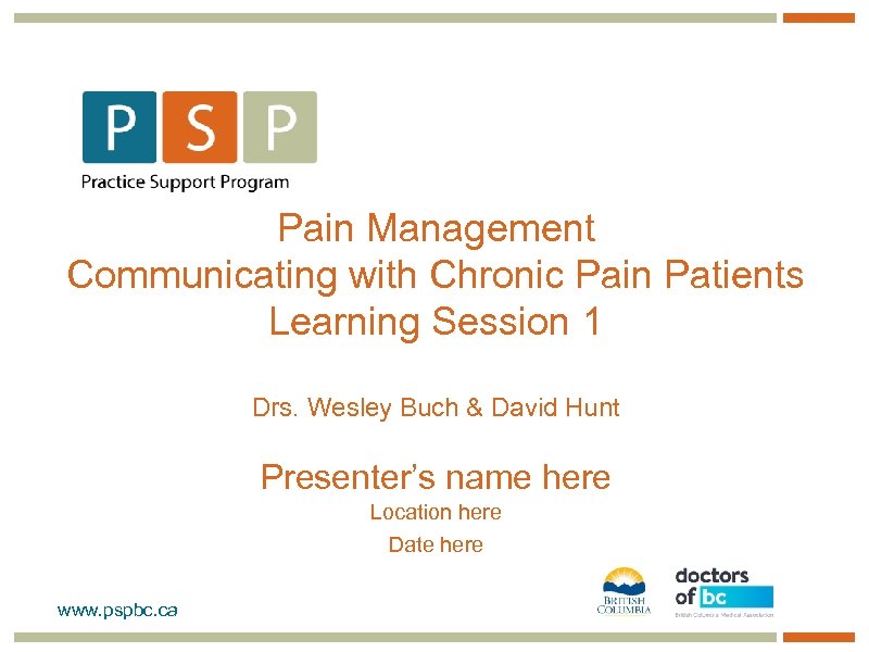 Pain Management Communicating with Chronic Pain Patients Learning Session 1 Drs. Wesley Buch &