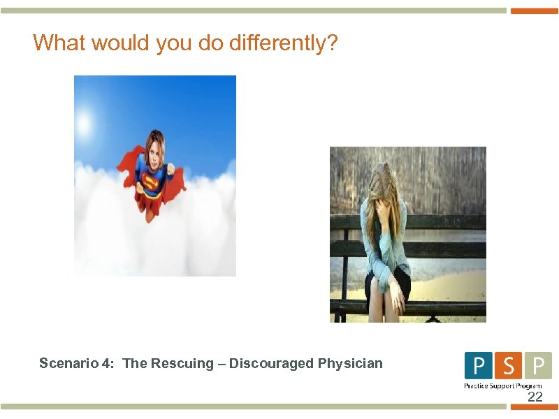 What would you do differently? Scenario 4: The Rescuing – Discouraged Physician 22 
