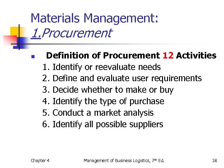 Materials Management: 1. Procurement n Definition of Procurement 12 Activities 1. Identify or reevaluate