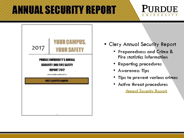 ANNUAL SECURITY REPORT • Clery Annual Security Report • Preparedness and Crime & Fire