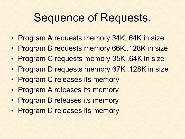 Sequence of Requests. • • Program A requests memory 34 K. . 64 K