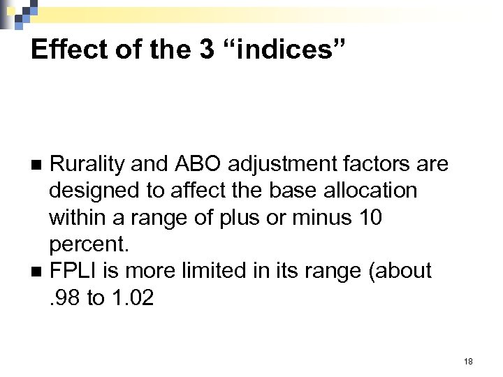Effect of the 3 “indices” Rurality and ABO adjustment factors are designed to affect
