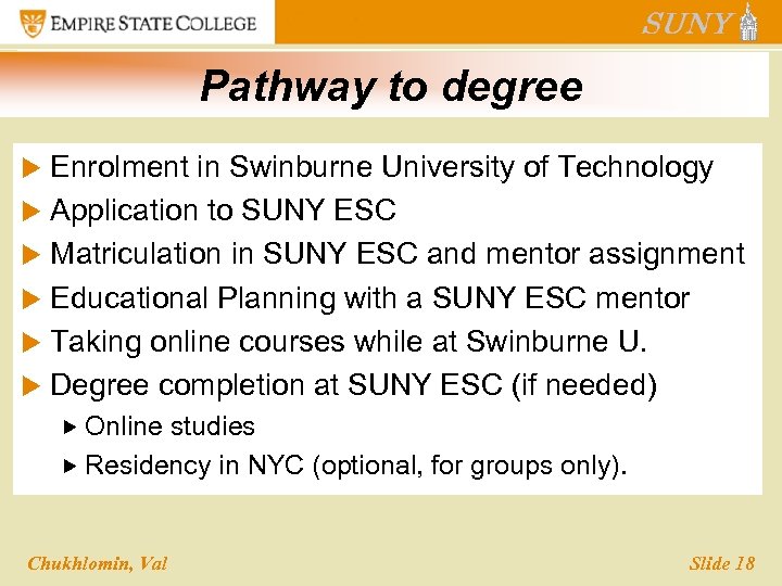 Pathway to degree Enrolment in Swinburne University of Technology u Application to SUNY ESC