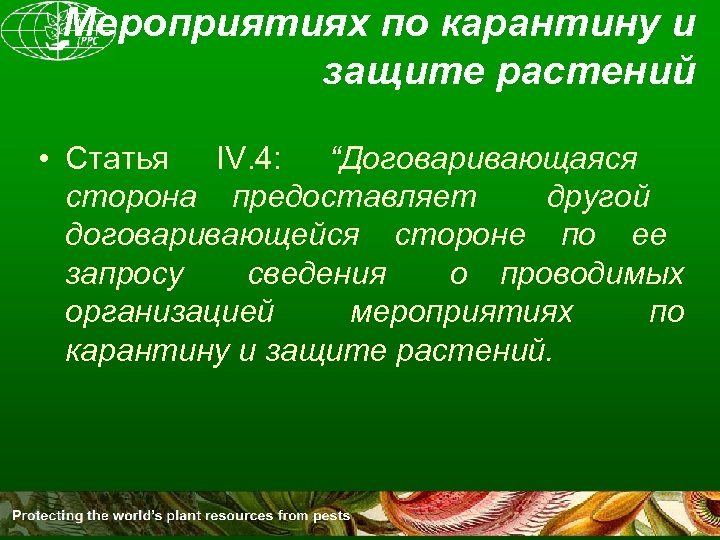 Мероприятиях по карантину и защите растений • Статья IV. 4: “Договаривающаяся сторона предоставляет другой
