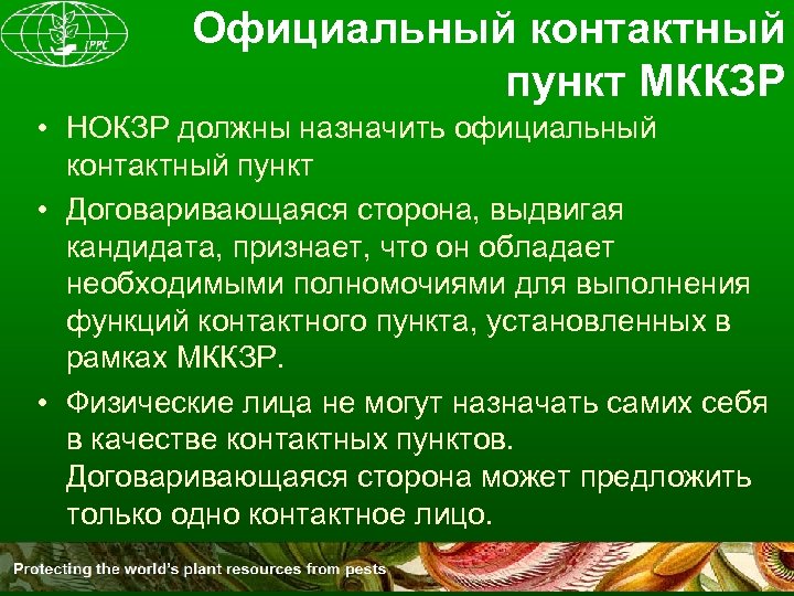 Официальный контактный пункт МККЗР • НОКЗР должны назначить официальный контактный пункт • Договаривающаяся сторона,