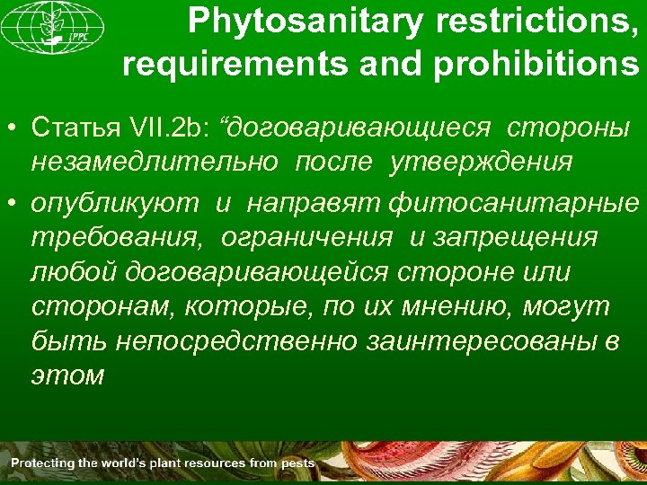 Phytosanitary restrictions, requirements and prohibitions • Статья VII. 2 b: “договаривающиеся стороны незамедлительно после