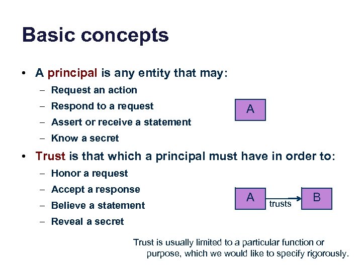 Basic concepts • A principal is any entity that may: – Request an action