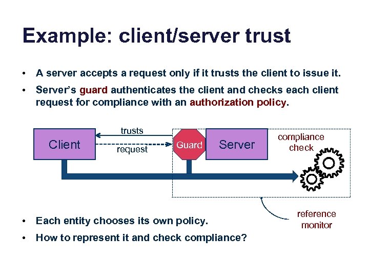 Example: client/server trust • A server accepts a request only if it trusts the