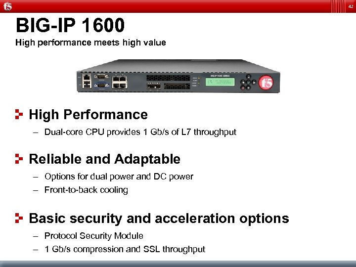 42 BIG-IP 1600 High performance meets high value High Performance – Dual-core CPU provides