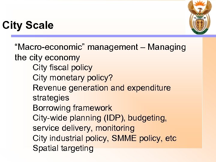 City Scale “Macro-economic” management – Managing the city economy City fiscal policy City monetary