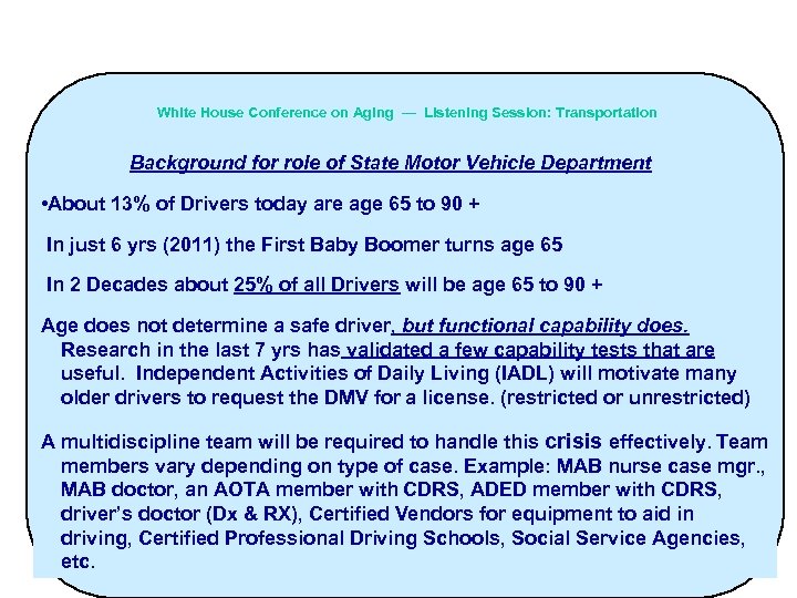 White House Conference on Aging — Listening Session: Transportation Background for role of State