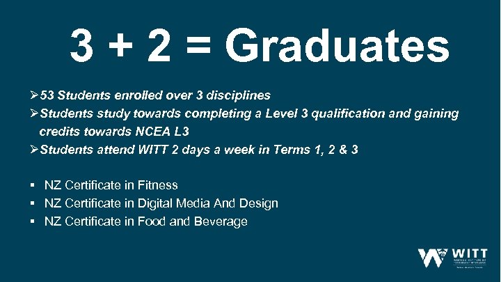 3 + 2 = Graduates Ø 53 Students enrolled over 3 disciplines ØStudents study