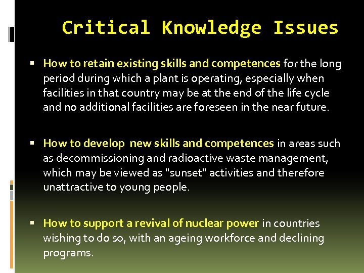 Critical Knowledge Issues How to retain existing skills and competences for the long period