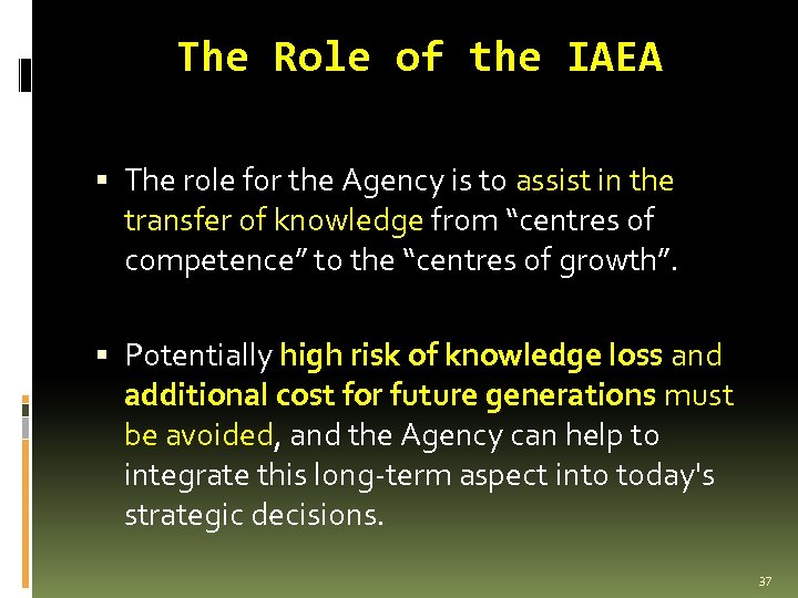 The Role of the IAEA The role for the Agency is to assist in