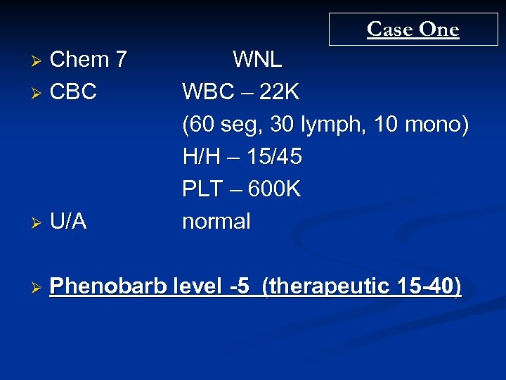 Case One Chem 7 Ø CBC Ø WNL WBC – 22 K (60 seg,