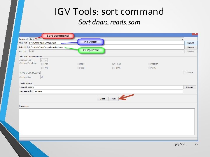 IGV Tools: sort command Sort dnai 1. reads. sam 3/15/2018 20 
