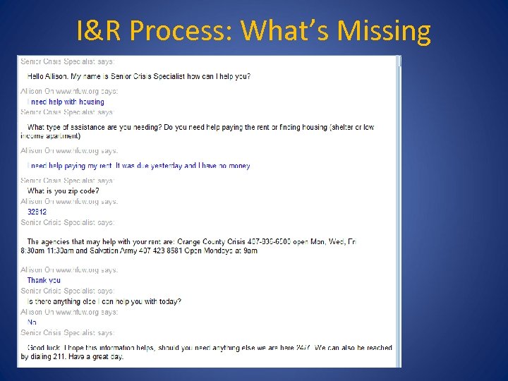 I&R Process: What’s Missing 