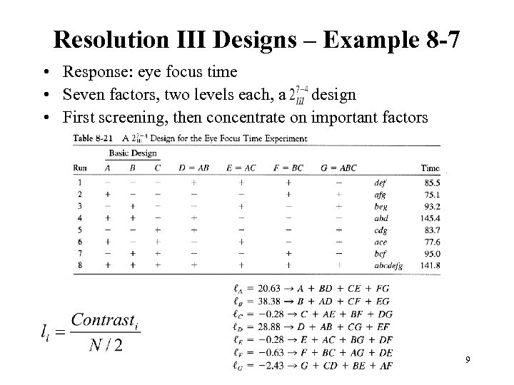 Resolution III Designs – Example 8 -7 • Response: eye focus time • Seven