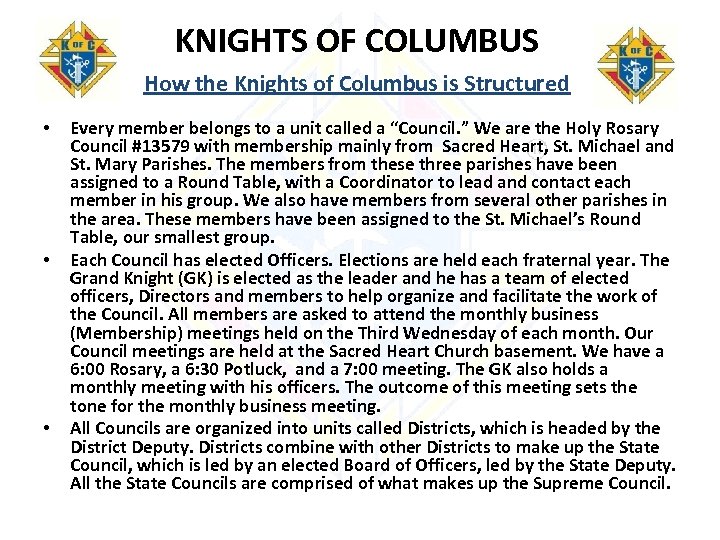 KNIGHTS OF COLUMBUS How the Knights of Columbus is Structured • • • Every