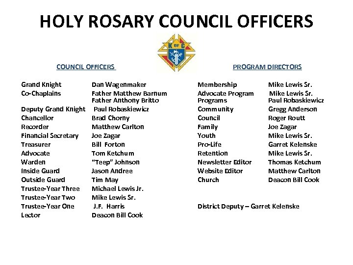 HOLY ROSARY COUNCIL OFFICERS Grand Knight Co-Chaplains Dan Wagenmaker Father Matthew Barnum Father Anthony