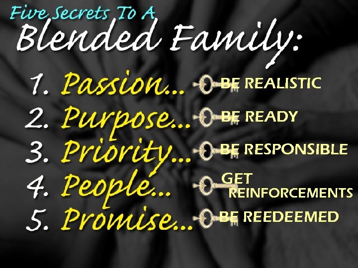 BE REALISTIC BE READY BE RESPONSIBLE GET REINFORCEMENTS BE REEDEEMED 