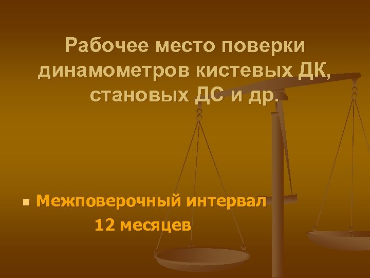 Рабочее место поверки динамометров кистевых ДК, становых ДС и др. n Межповерочный интервал 12