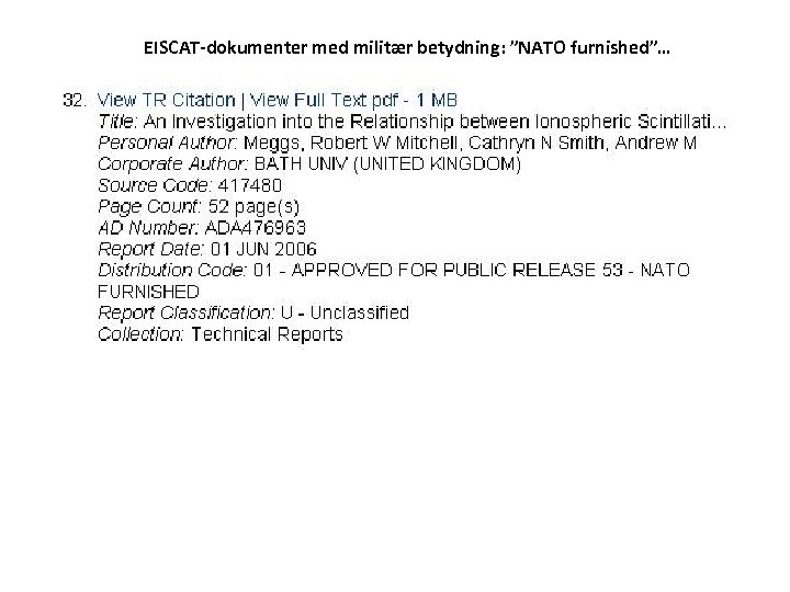 EISCAT-dokumenter med militær betydning: ”NATO furnished”… 