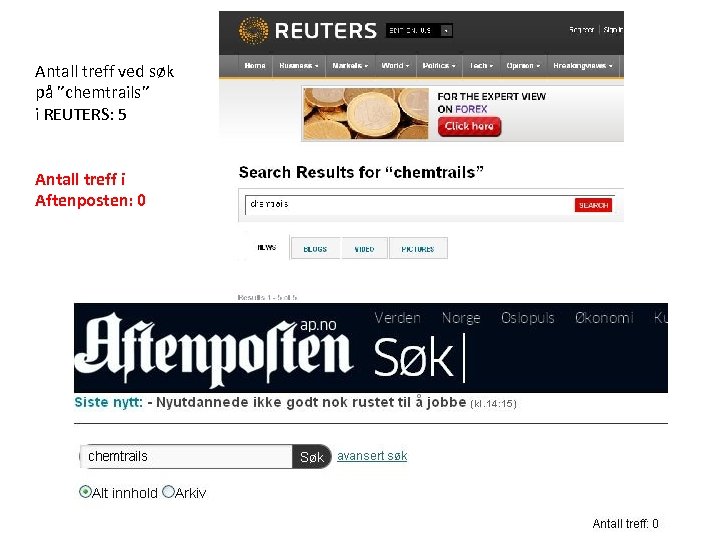 Antall treff ved søk på ”chemtrails” i REUTERS: 5 Antall treff i Aftenposten: 0
