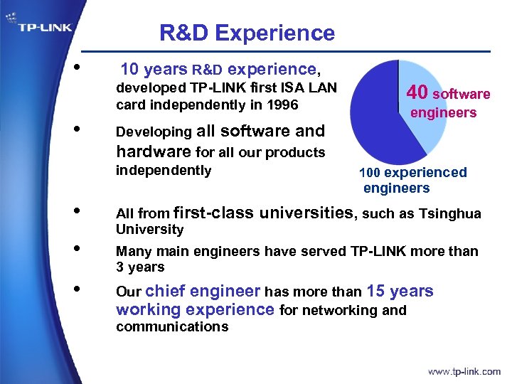 R&D Experience • 10 years R&D experience, developed TP-LINK first ISA LAN card independently