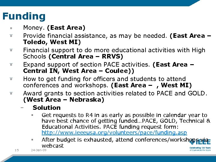 Funding Money. (East Area) Provide financial assistance, as may be needed. (East Area –